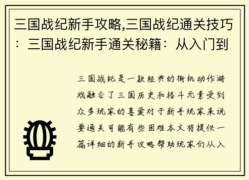 三国战纪新手攻略,三国战纪通关技巧：三国战纪新手通关秘籍：从入门到精通