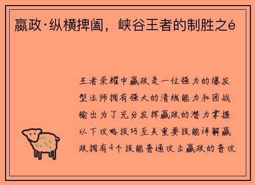 嬴政·纵横捭阖，峡谷王者的制胜之道