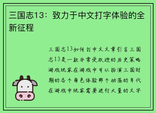 三国志13：致力于中文打字体验的全新征程